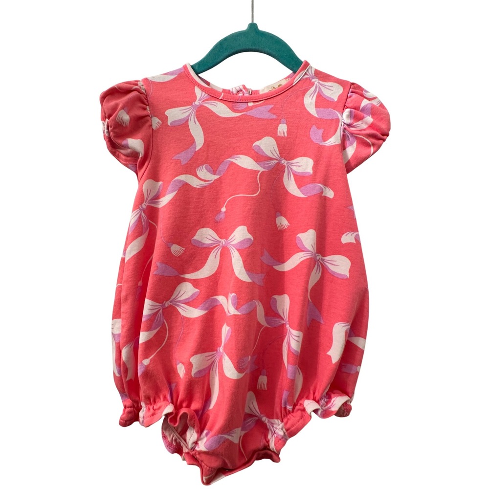 The Beaufort Bonnet Company Pink Bow Print Pima Cotton Bubble Romper 2T